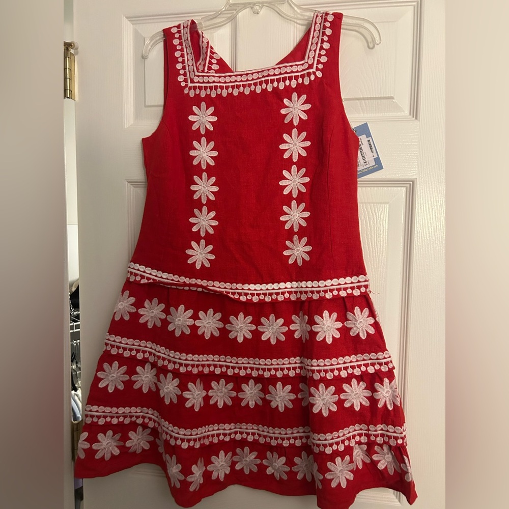 Sail to Sable Red Dress with White Daisy Patterns